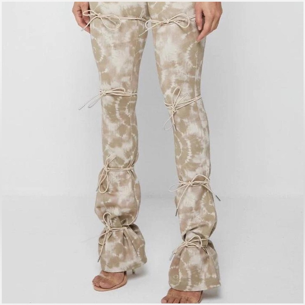 ❤️ Maniere de Voir Tan Printed Tie Up Dye High Waisted Flared Legging Pants 6 - Picture 4 of 15